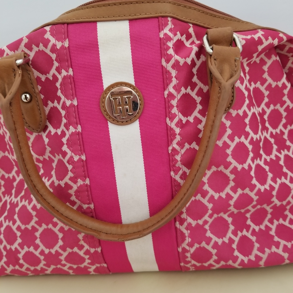 Tommy Hilfiger Pink and White Satchel with Tan Accents